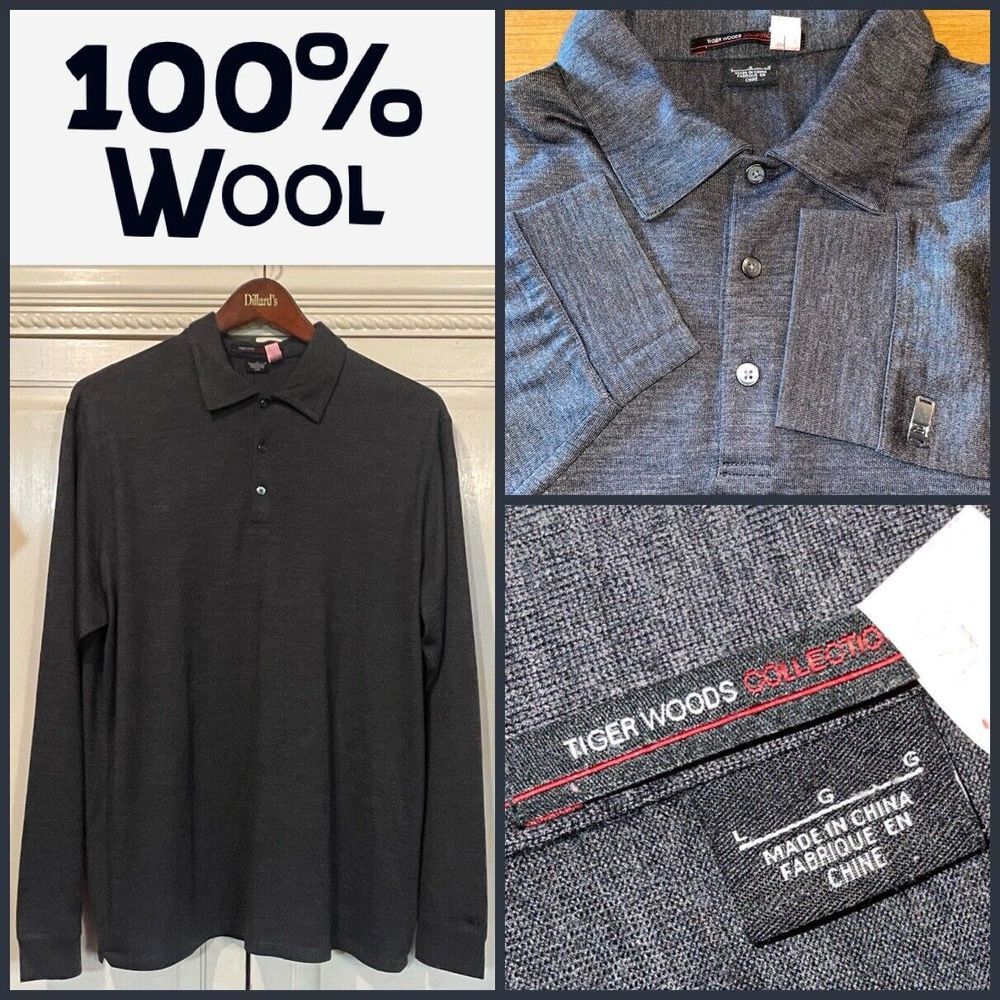 Tiger Woods Collection Shirt Men Large Charcoal Black 100% Wool Logo Golf‎